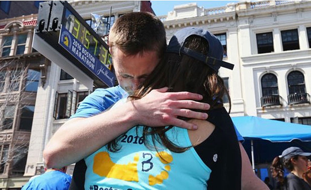 Patrick-and-Jess Patrick Downes and his wife, Jess Kensky, at the finish line of the 2016 Boston Marathon