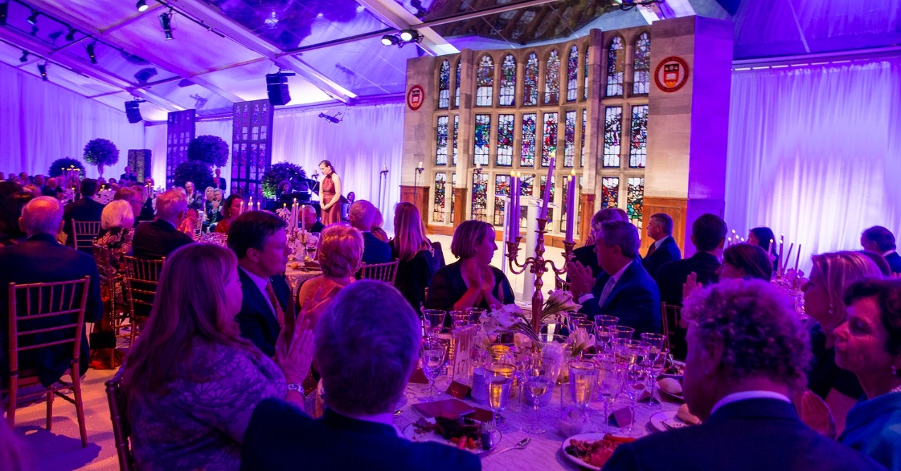 The celebration was held in a tent on the lawn of the McMullen Museum and University Conference Center. The celebration was held in a tent on the lawn of the McMullen Museum and University Conference Center.