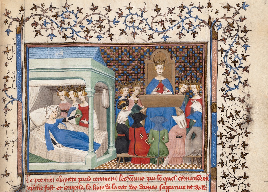 Christine de Pizan awakened by Reason, Rectitude and Justice (detail) | F. 1r from Christine de Pizan’s Le Livre des trois Vertus | Paris, France c. 1405 | Boston Public Library, MS f Med. 101