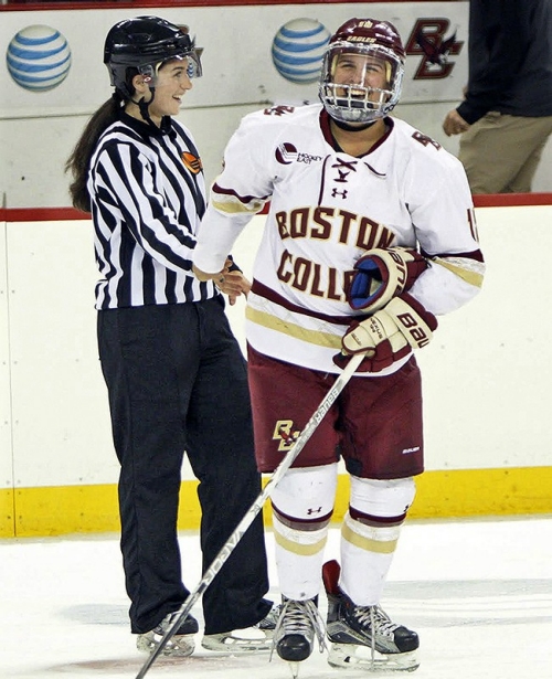 Dana Trivigno, left, has traded in her BC hockey jersey for a Hockey East referee's uniform.