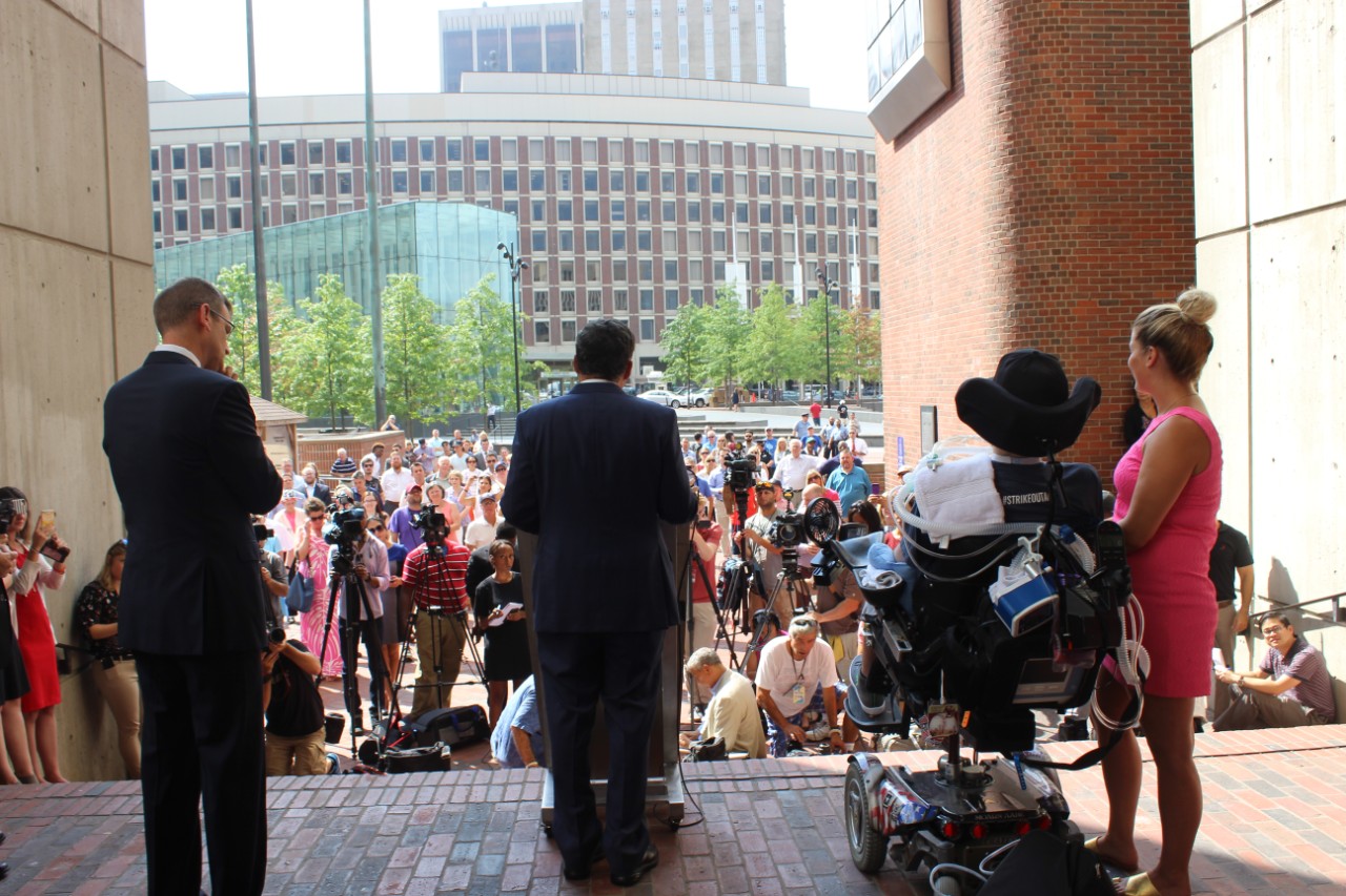 In 2017, a crowd rallied on City Hall Plaza as Boston Mayor Marty Walsh WCAS '09 declared Sept. 5 'Pete Frates Day.' 