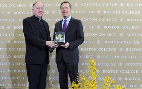 R. Nicholas Burns ’78, H’02, receives the Ignatian Award from Boston College President William P. Leahy, S.J.