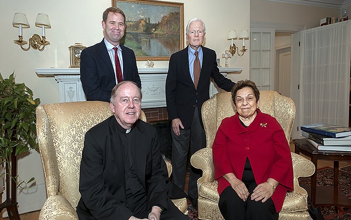 University President William P. Leahy S.J. met recently with Donna Shalala, head of a delegation of educator that is visiting campus as part of BC's reaccreditation.  Also present were (back, L-R) BC administrators Seth Meehan and Robert Newton.