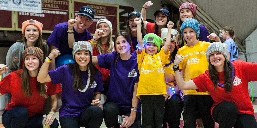Students, along with some special guests, danced and engaged in other activities for 12 hours in the Flynn Recreation Complex at the Boston College Dance Marathon. Fundraising from the event went to support Boston Children’s Hospital. (Photo by Julia Hopkins)