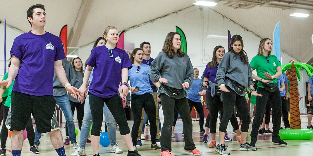 Students, along with some special guests, danced and engaged in other activities for 12 hours in the Flynn Recreation Complex at the Boston College Dance Marathon. Fundraising from the event went to support Boston Children’s Hospital. (Photo by Julia Hopkins)