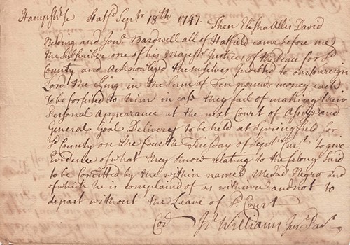 Verso of Ichabod Allis Complaint against Medad Negro. Hatfield, Mass., 1746-47.