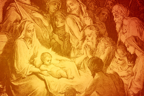 Engraving of Mary holding the baby Jesus with a crowd of onlookers