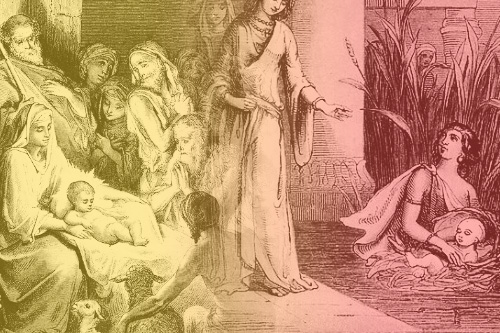 Juxtaposed engravings depicting the babies Jesus and Moses presented by women to others