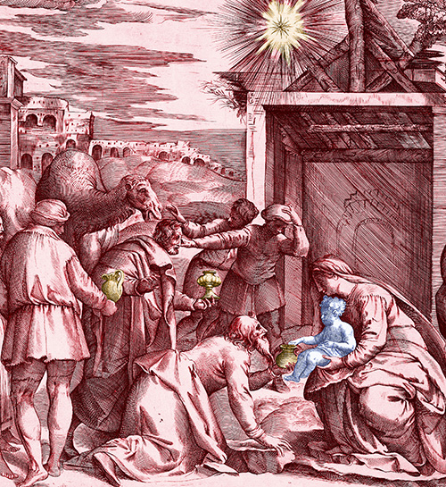 Engraving of the magi delivering gifts to the baby Jesus under the star