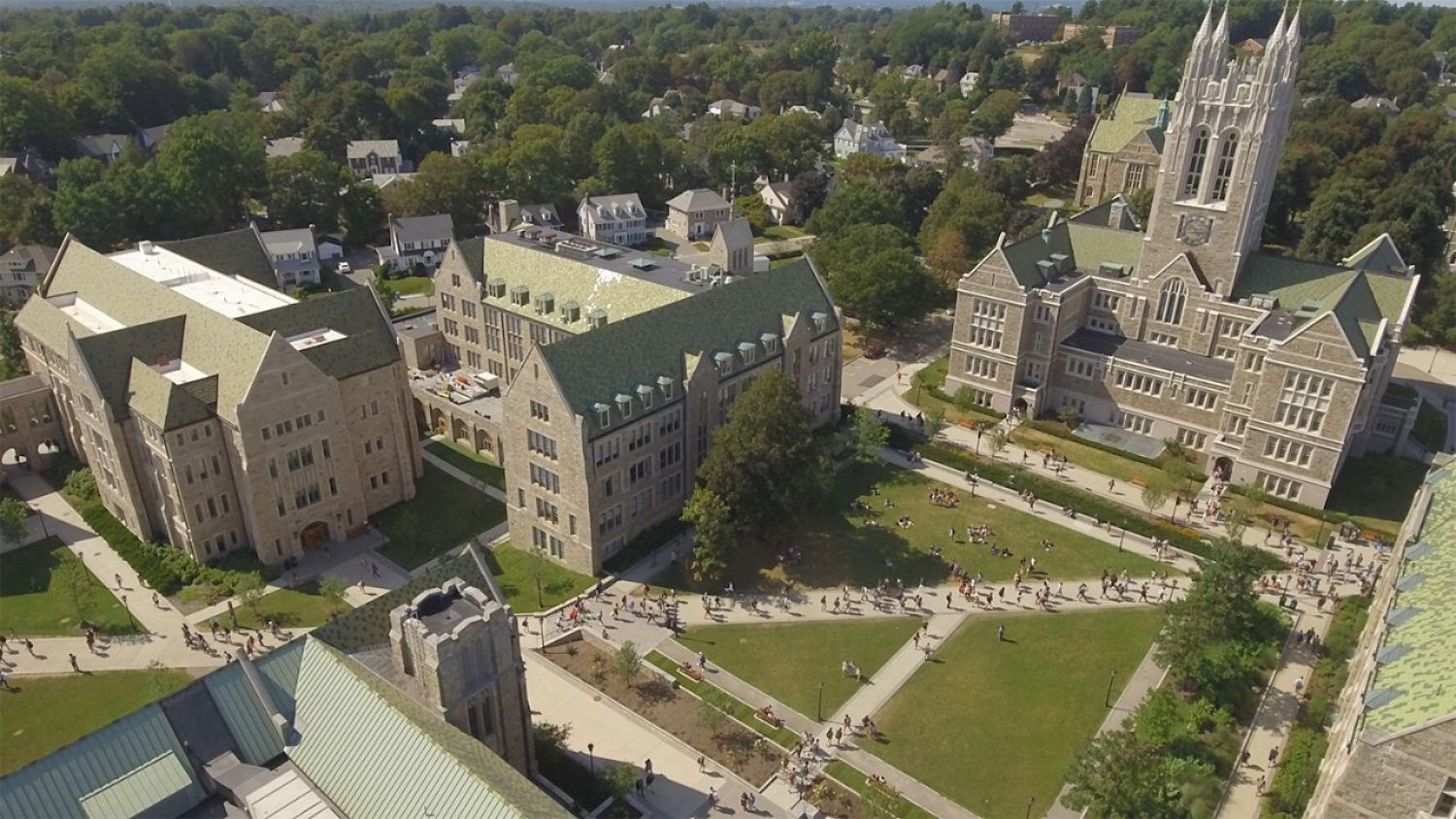 Aerial photo of Gasson Hall and city of Boston