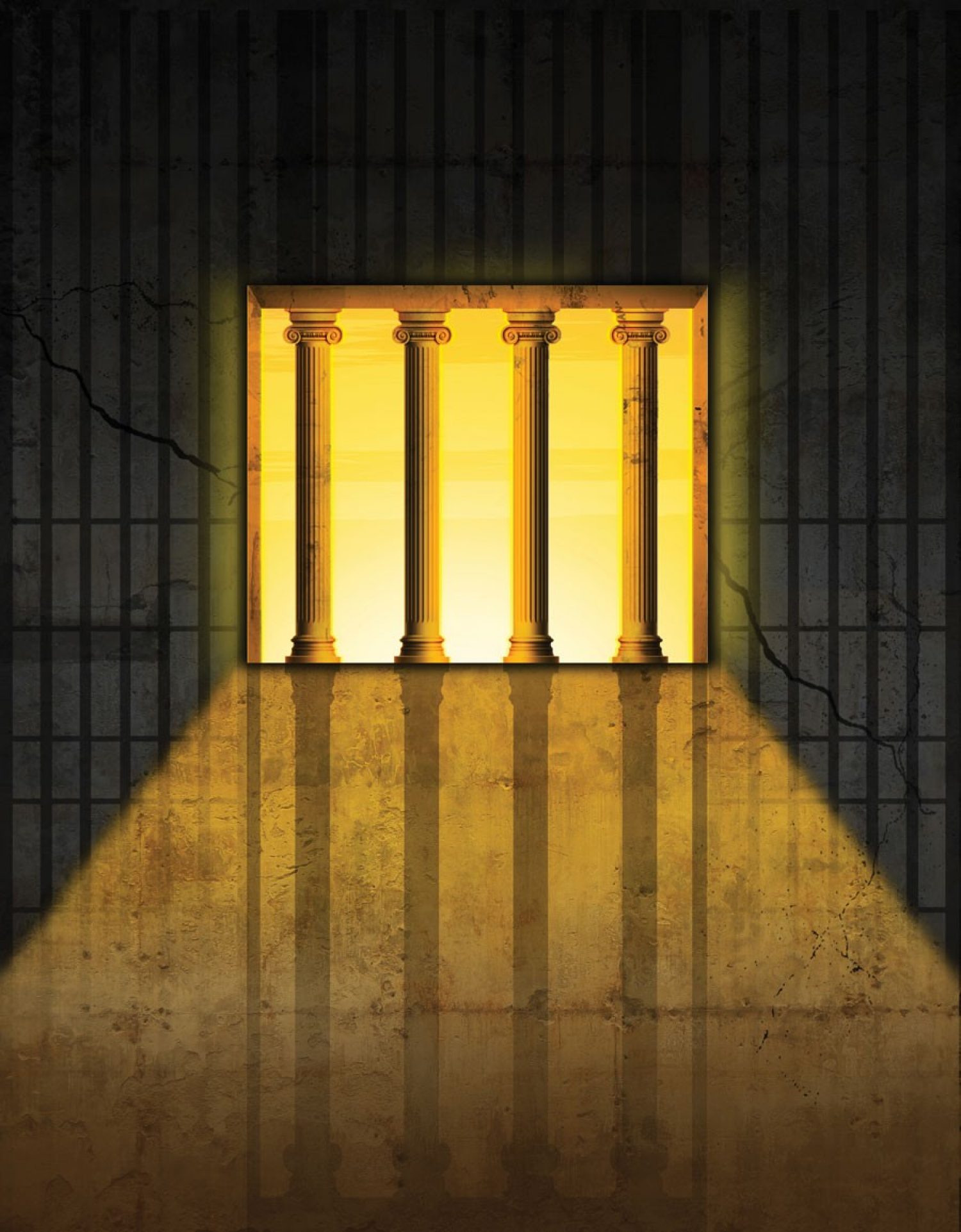 An illustration showing prison bars superimposed over columns invoking the Halls of Justice.