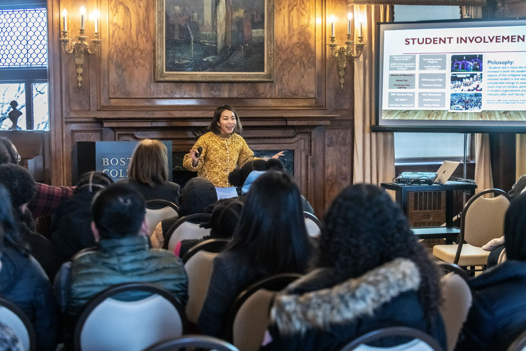 Inaugural Messina Admitted Students Day event with incoming students and family members taking place on the Brookline Campus featuring speakers and a campus tour.