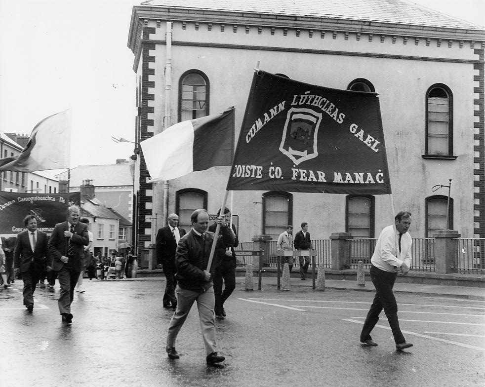 Ulster Council representatives carry a Fermanagh banner during a GAA centenary parade in Enniskillen in August, 1984.