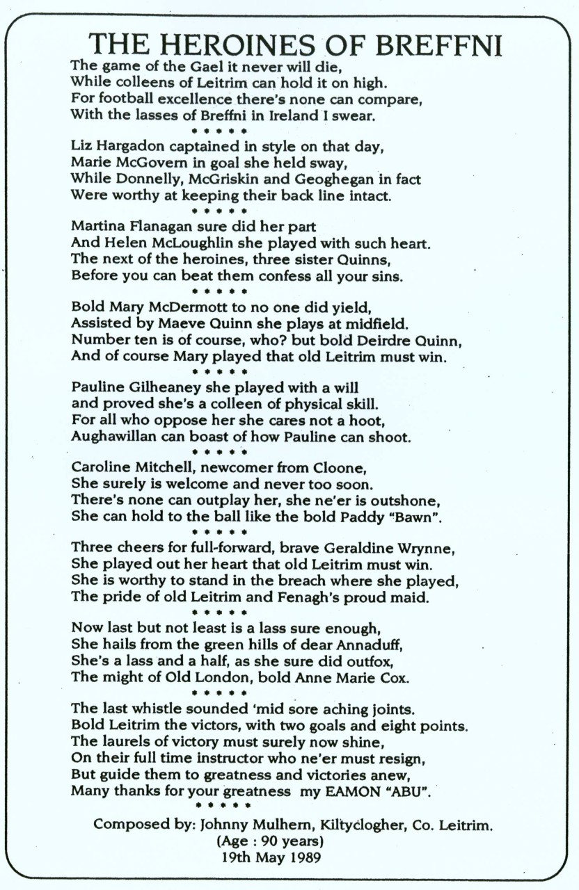A poem written by Johnny Mulhern about the 1988 All-Ireland Junior ladies' football champions.