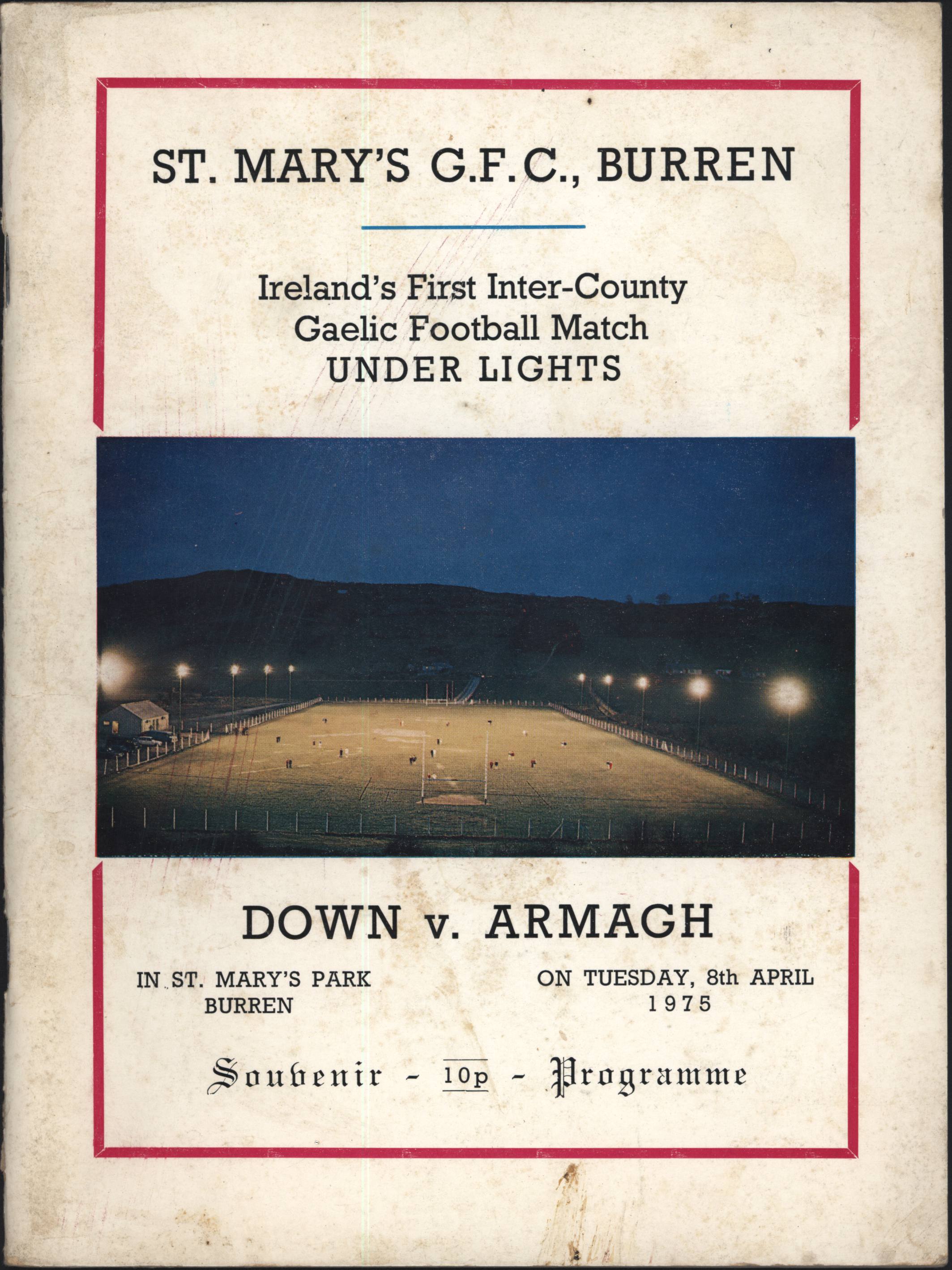 Front cover of the programme for a match between Down and Armagh, the first inter-county football to played under lights.