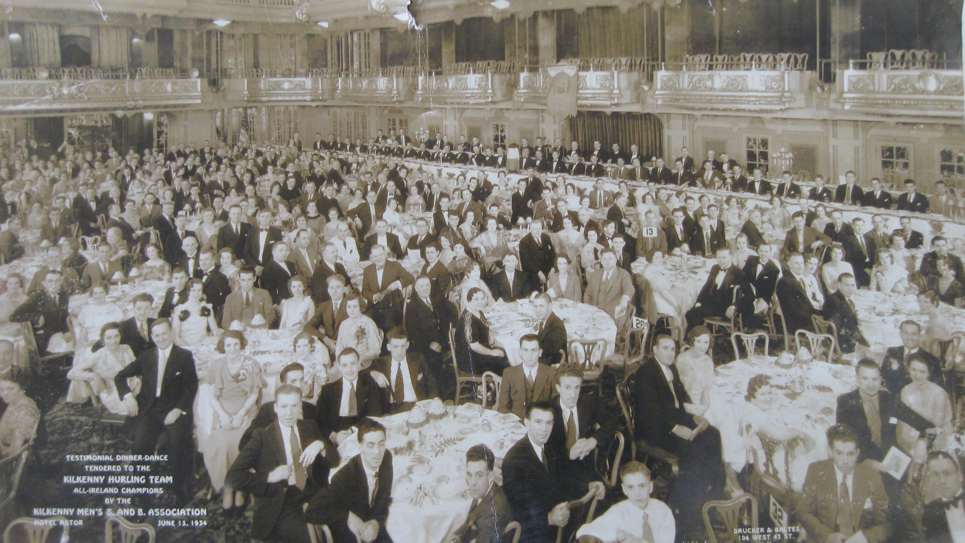 The scene at the Hotel Astor, New York, on the 13th June 1934, when a testimonial dinner-dance was held for the All-Ireland winning Kilkenny Hurling Team by the Kilkenny Men's Association.