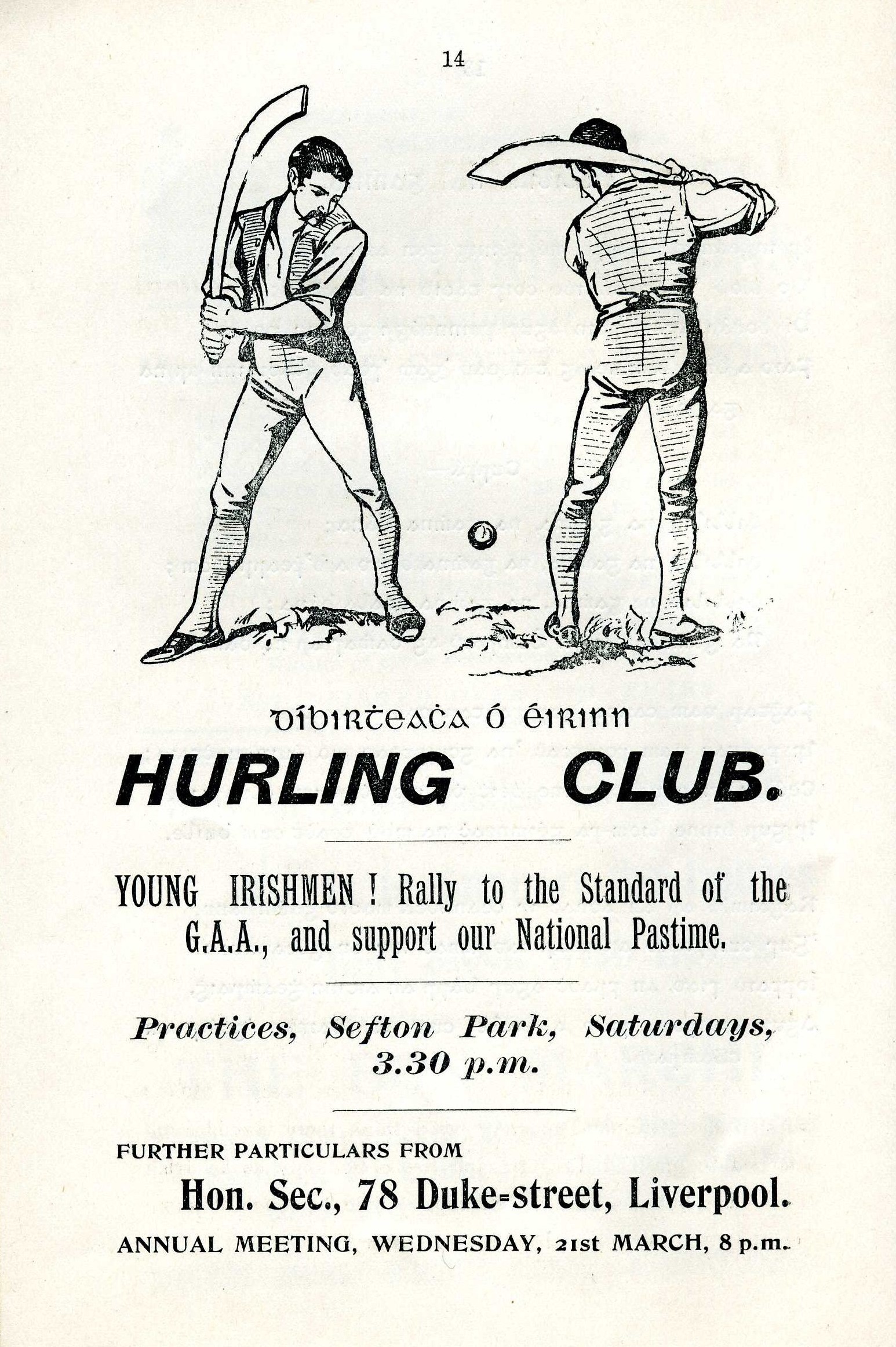 A plea for young Irishmen to attend hurling practices at Sexton Park, which was carried in a concert programme published by Conradh na Gaeilge in Liverpool, 14th March 1906.