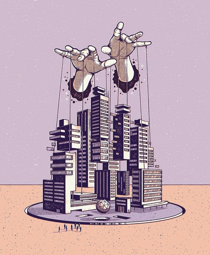 illustration: hands controlling a city with puppet strings