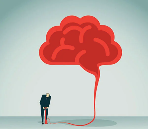 illustration: man standing with large red cloud shaped like a brain