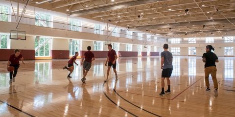 A group of students plays basketball on the new Recreation Center courts