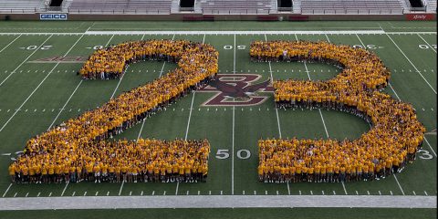Members of the BC Class of 2023 form '23' in Alumni Stadium