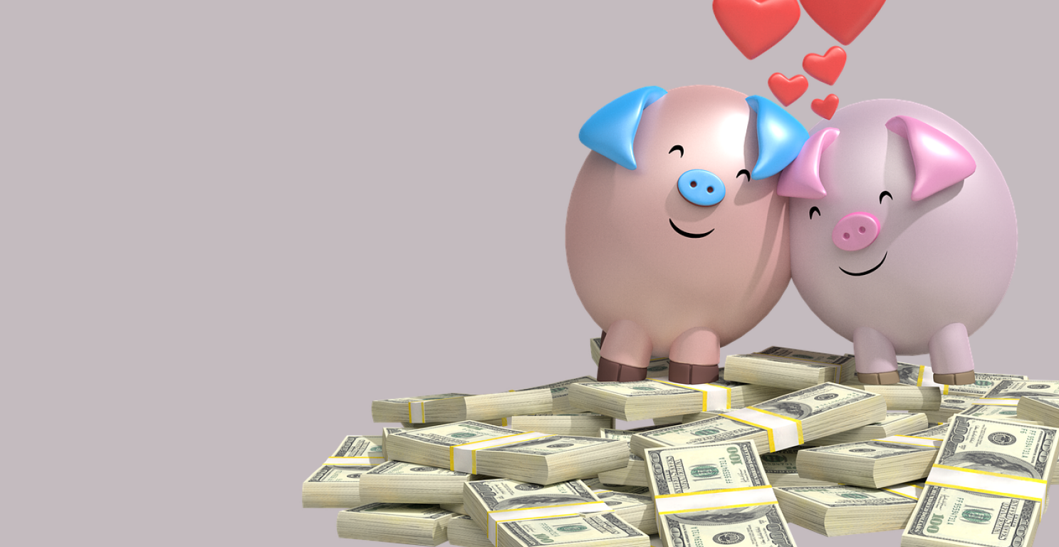 two piggy banks on a pile of money with hearts above them