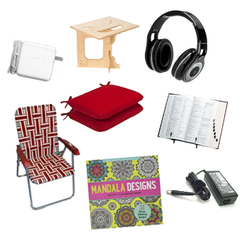 Image of bookstand, coloring book, lawn chair, phone charger