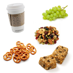 Picture grapes, coffee cup, granola bar, trail mix and pretzels