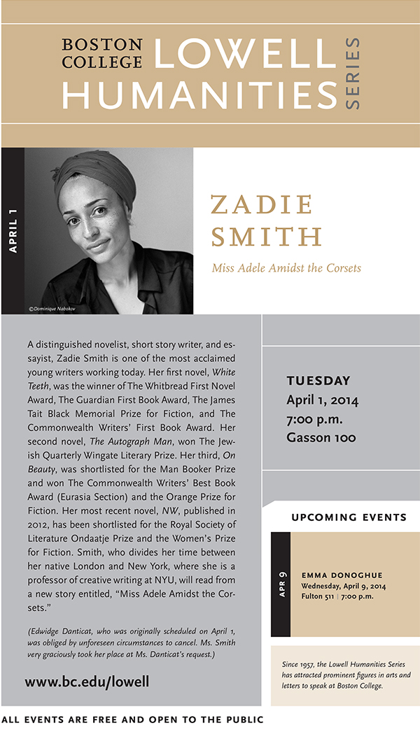 Boston College Welcomes Zadie Smith | April 1, 2014 at 7:00 p.m. | Gasson Hall, Room 100, Boston College