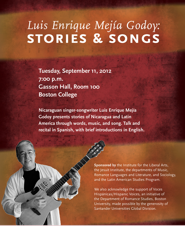 Luis Enrique Mejía Godoy: Stories & Songs | Tuesday, September 11 at 7:00 p.m. | Gasson Hall, Room 100, Boston College