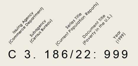 Example shows that the first letter of the SuDoc is C for Commerce Dept. and 3 is for the subagency The Census Bureau and more narrow to a particular series by the Census Bureau