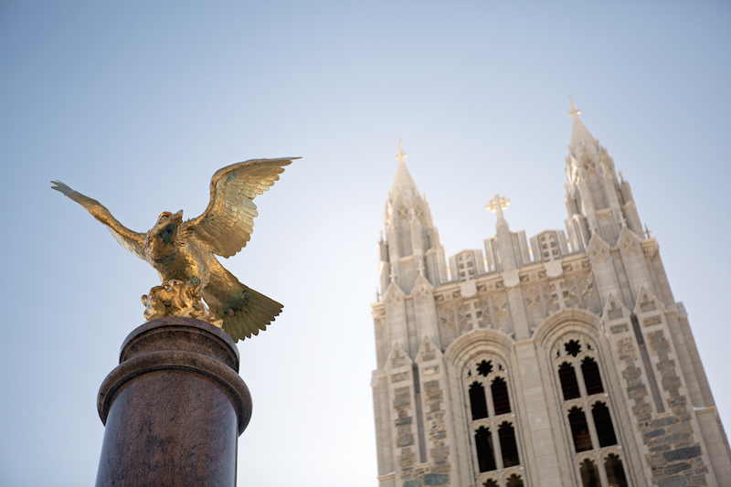 Boston College eagle statue in front of Gasson Hall