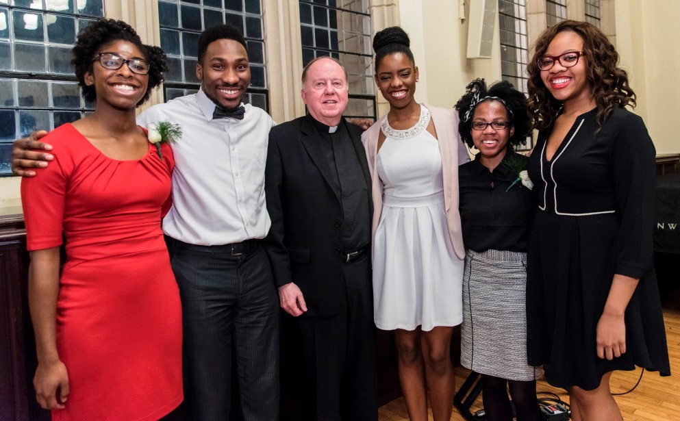 MLK winner group shot 2016 MLK Scholarship Award finalists with BC President William P. Leahy, SJ