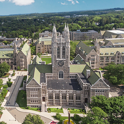 Aerial Drone photography of Gasson Hall and main campus.