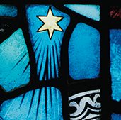 "Transforming Light: The Stained-Glass Windows of Boston College." Images from the West wall, Religion alcove, Gargan Hall, Bapst Library. Page 44: The Magi. The three wise men from the East follow the star to Bethlehem.