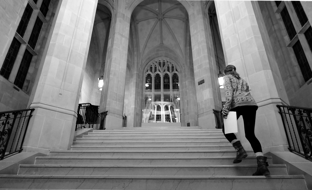 Interior of Bapst Library, B&W still from 'Night' video