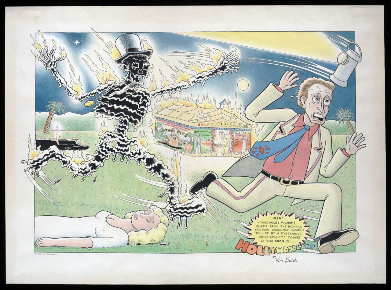 Cartoon of a man running from a skeleton wearing a top hat