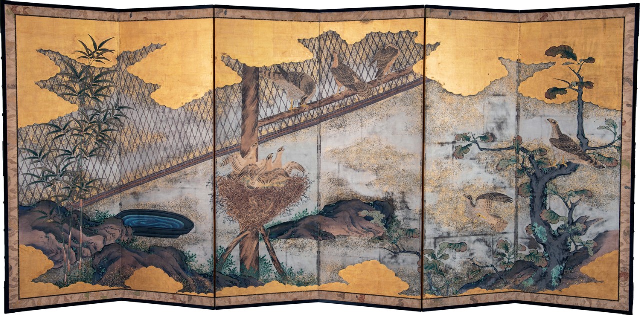 Estate Birds, c. 1780. Paper, wood, paint, ink, gold leaf, 68 x 153 x 0.8 in., private collection.
