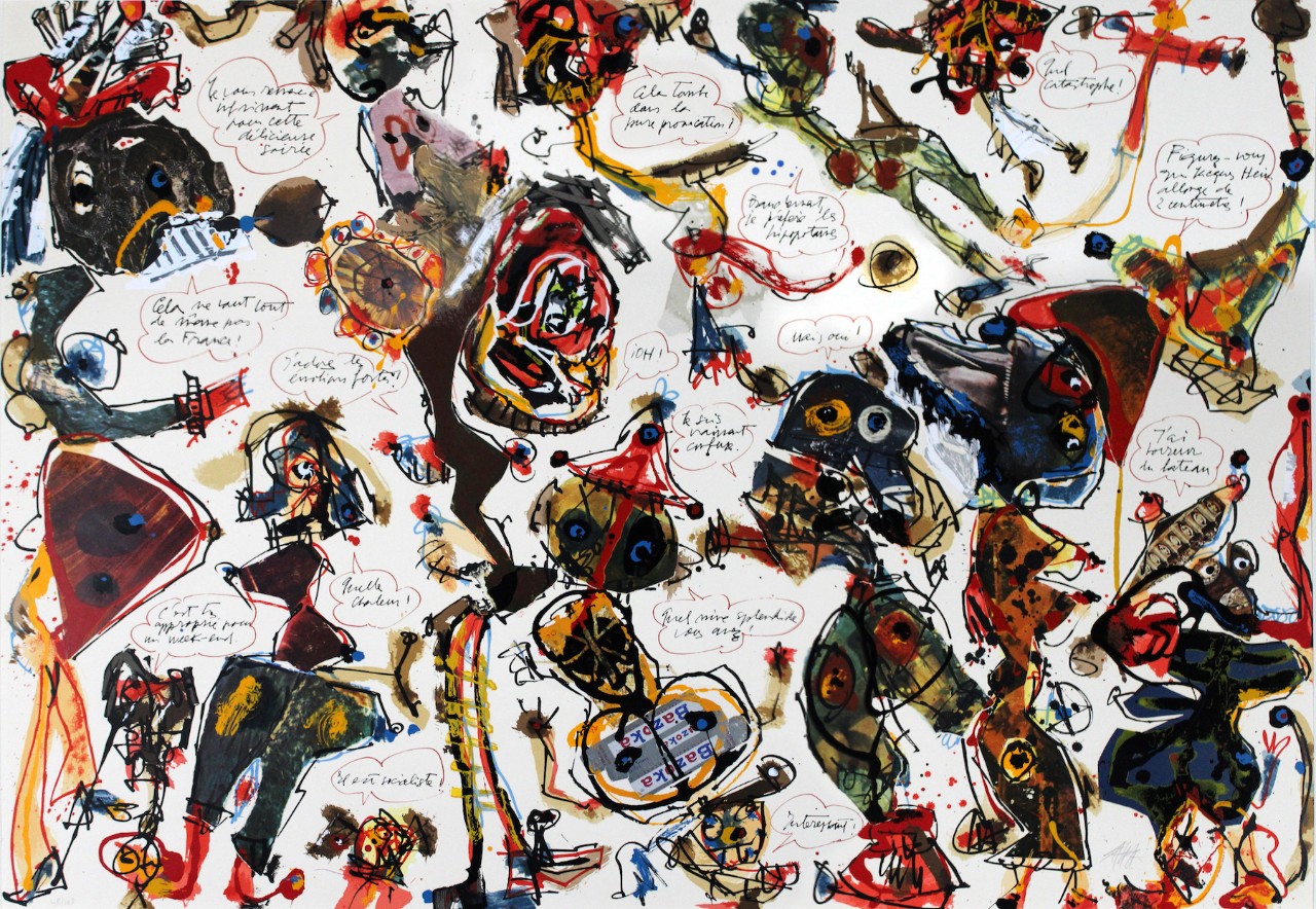 Antonio Saura (1930–89), Cocktail Party, 1960 (48/100). Serigraph with collage on paper, 69 x 98 cm, Colección Fundación Juan March, Museo de Arte Abstracto Español, Cuenca, 1227G.