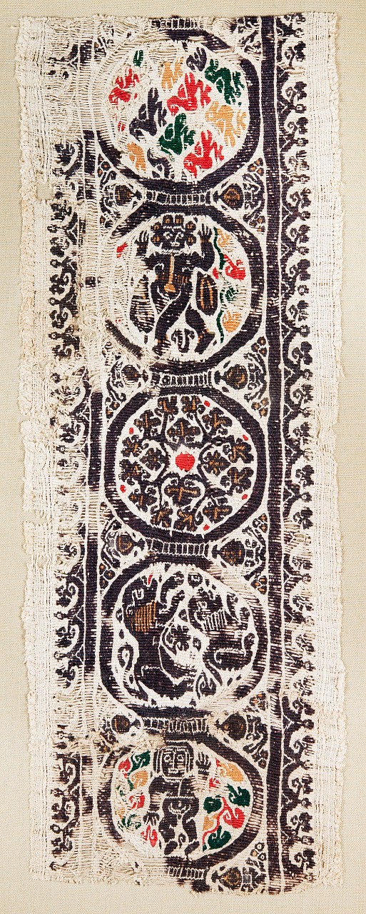 Textile band with roundels filled with lions, birds, foliage, dancers Egypt, 5th–6th century CE wool on undyed linen, 19.3 x 7 in.  