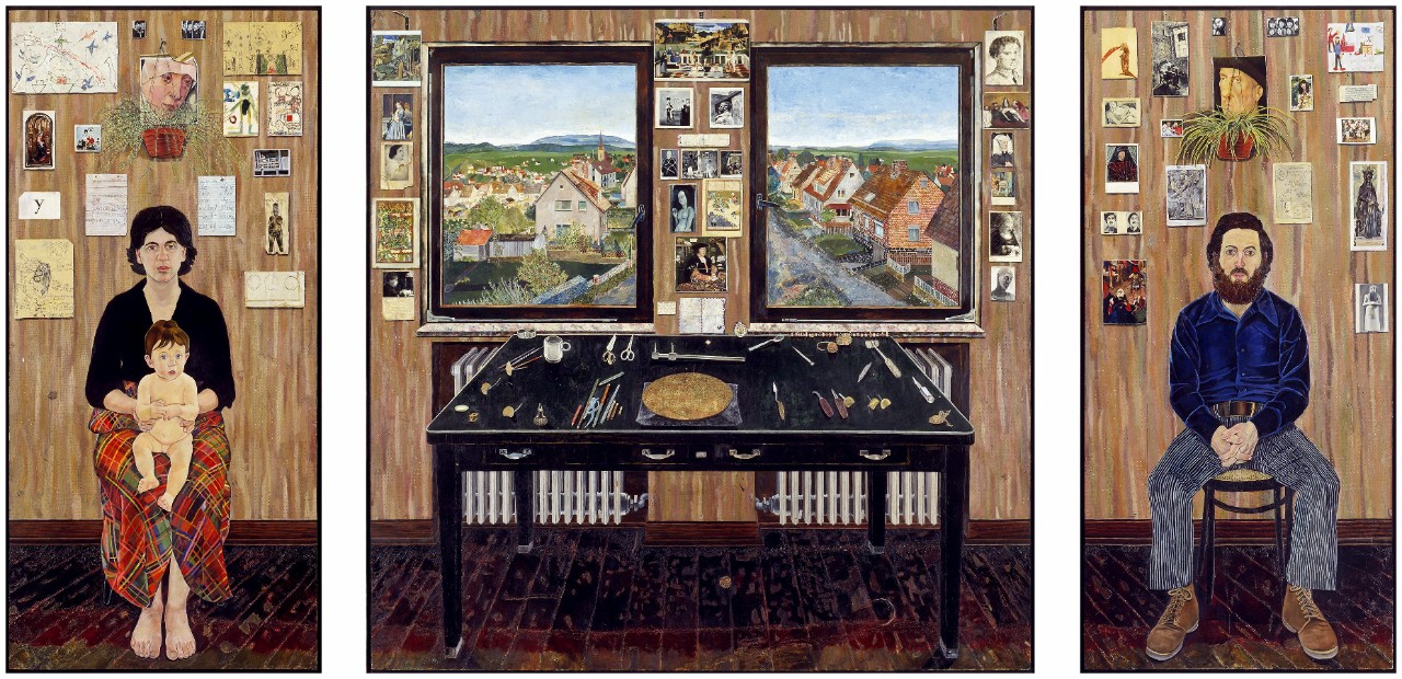 Simon Dinnerstein (1943–), The Fulbright Triptych, 1971–74 Oil on wood panels, 79.5 x 168 in. (overall, separately framed), Palmer Museum of Art, the Pennsylvania State University, Purchased with funds provided by the Friends of the Palmer Museum of Art, 82.14