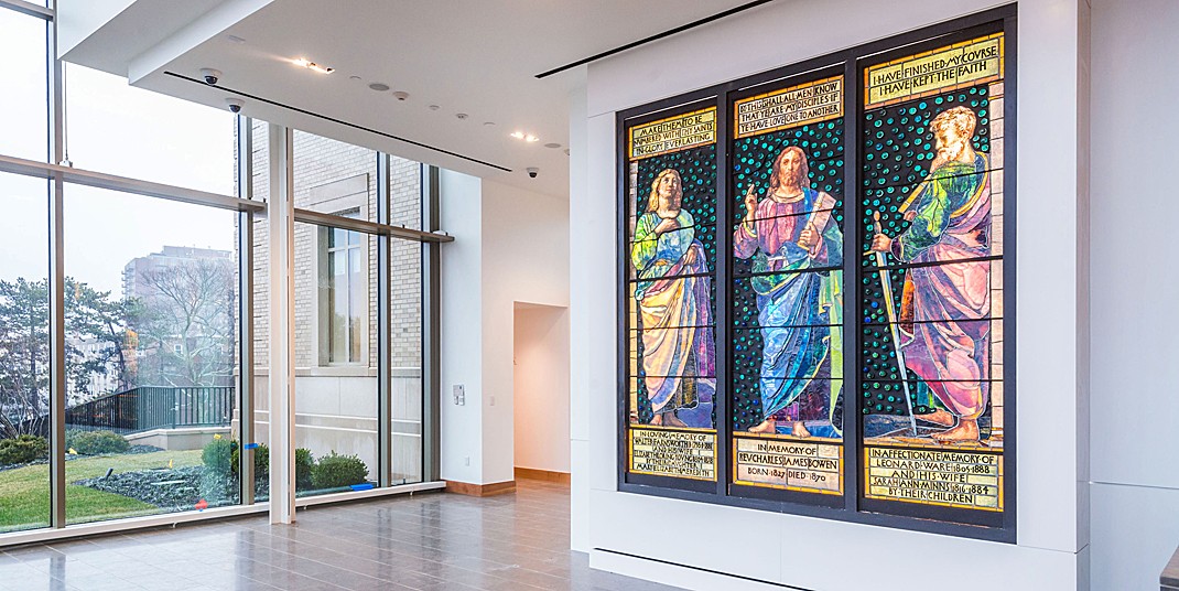 A 127-year-old triptych by American stained glass artist John La Farge featuring a preaching Christ, St. John the Evangelist, and St. Paul, at BC's McMullen Museum of Art