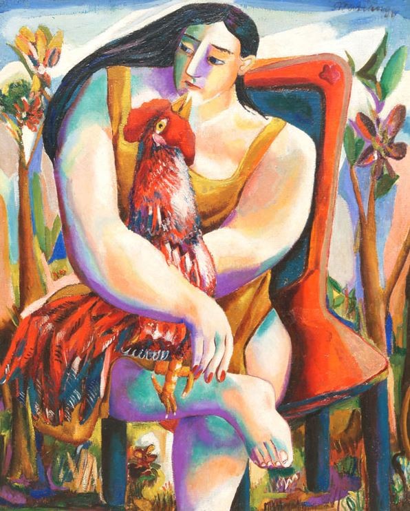 Mujer con gallo (Mujer y gallo) | Woman with Rooster (Woman and Rooster), 1941 oil on canvas | óleo sobre lienzo, 32 ✕ 26″ Col. Nercys & Ramón Cernuda © Fundación Mariano Rodríguez