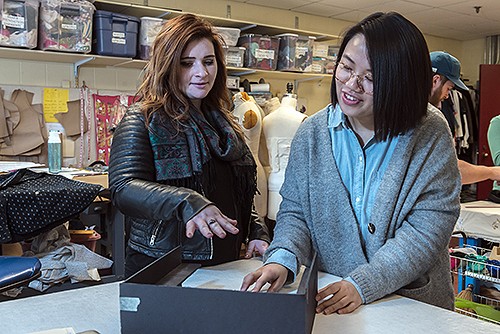 Robsham-(Fucci.Zhang)-500x334 Grace Fucci '17, left, director of the student production of 'Eurydice,' confers with classmate and show set designer Qingan Zhang '17. (Lee Pellegrini)