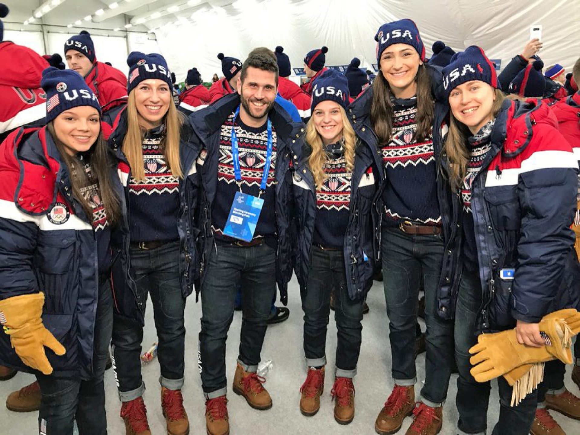 Cayla Barnes '22, Kali Flanagan '19, Brian Gionta '01, Emily Pfalzer '15, Megan Keller '19, and Haley Skarupa '16 