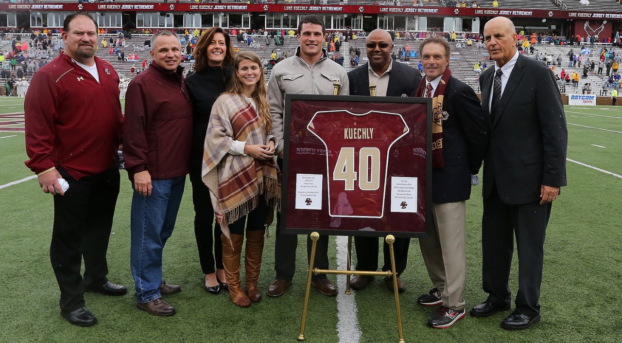 Former Eagles' linebacker Luke Kuechly's jersey was retired at ceremony at Alumni Stadium on October 22, 2016