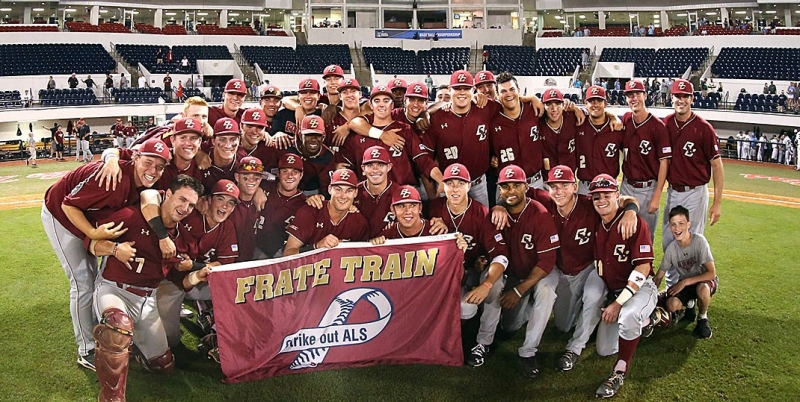 BC Baseball team with 'Team Frate Train' banner