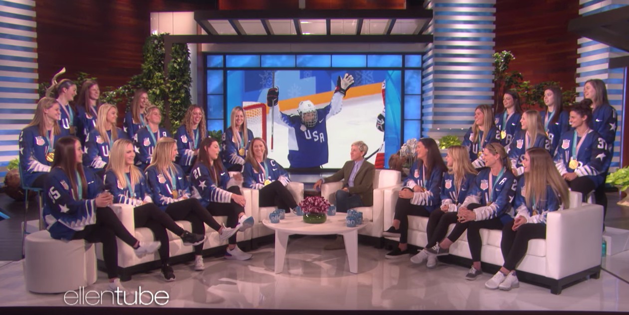 The women's hockey team with Ellen DeGeneres