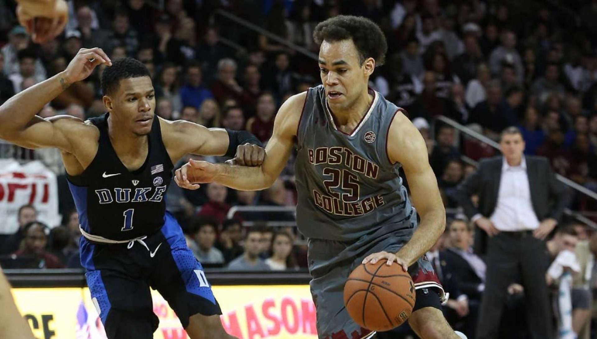 BC men's basketball player Jordan Chatman faces off against Duke