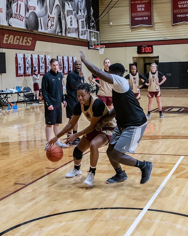 Women's basketball practices with scout team